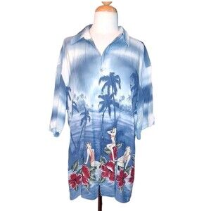 Croft & Barrow Mens Large Hawaiian Shirt Pinup Girl Tropical Floral Palm